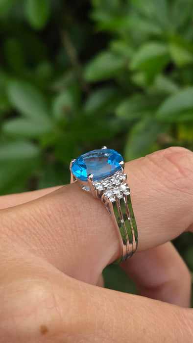 Vintage: 9ct White Gold Swiss Blue Topaz & Diamond Ring — From 2000