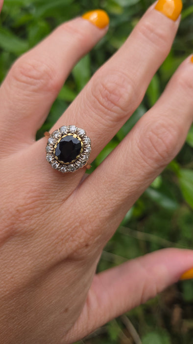 Vintage: 18ct Gold Sapphire & Diamond Oval Cluster Ring — 0.35ct