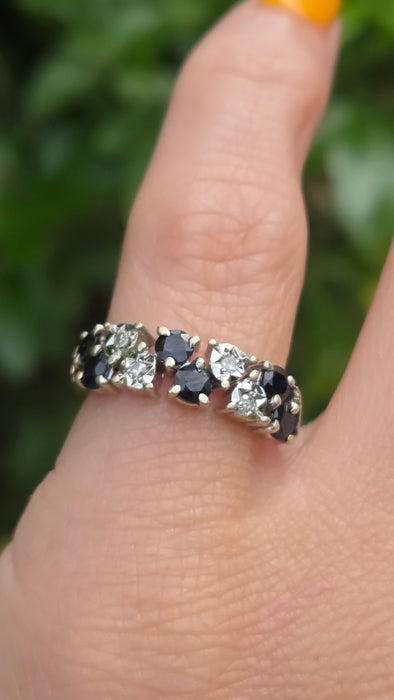 Vintage: Rare 9ct Yellow Gold Blue Sapphire & Diamond Tiered Dress Ring — From 1978