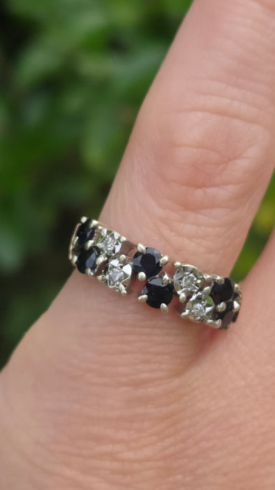 Vintage: Rare 9ct Yellow Gold Blue Sapphire & Diamond Tiered Dress Ring — From 1978