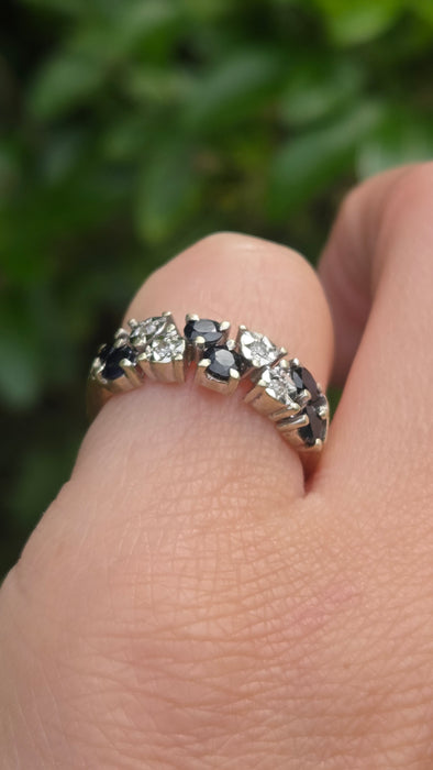Vintage: Rare 9ct Yellow Gold Blue Sapphire & Diamond Tiered Dress Ring — From 1978