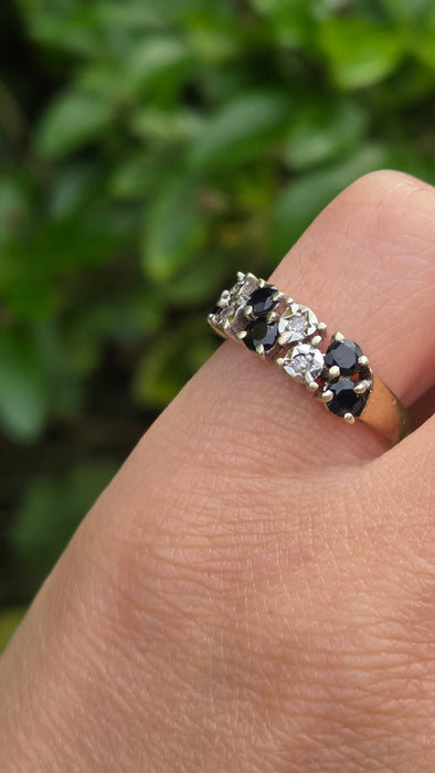 Vintage: Rare 9ct Yellow Gold Blue Sapphire & Diamond Tiered Dress Ring — From 1978