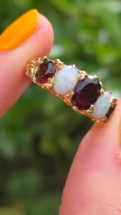 Vintage: 9ct Gold Opal & Garnet Five-Stone Dress Ring — From 1974