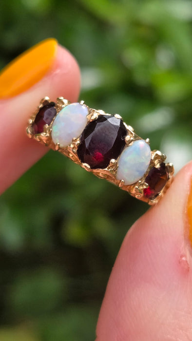 Vintage: 9ct Gold Opal & Garnet Five-Stone Dress Ring — From 1974