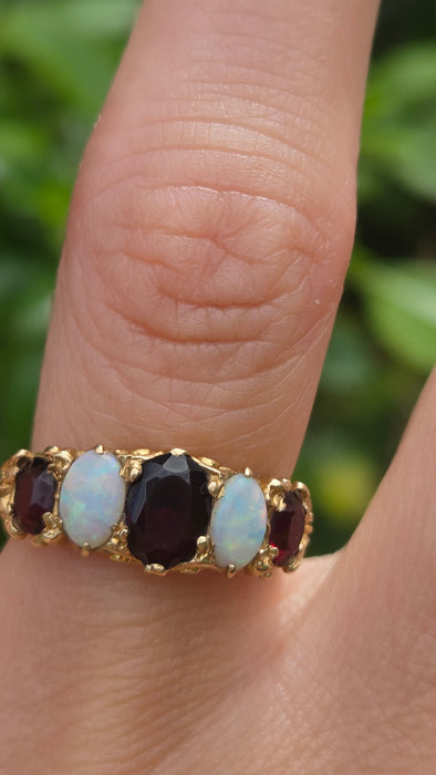 Vintage: 9ct Gold Opal & Garnet Five-Stone Dress Ring — From 1974