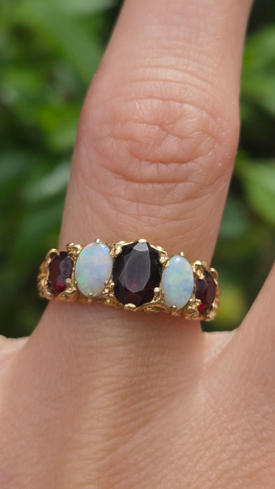 Vintage: 9ct Gold Opal & Garnet Five-Stone Dress Ring — From 1974
