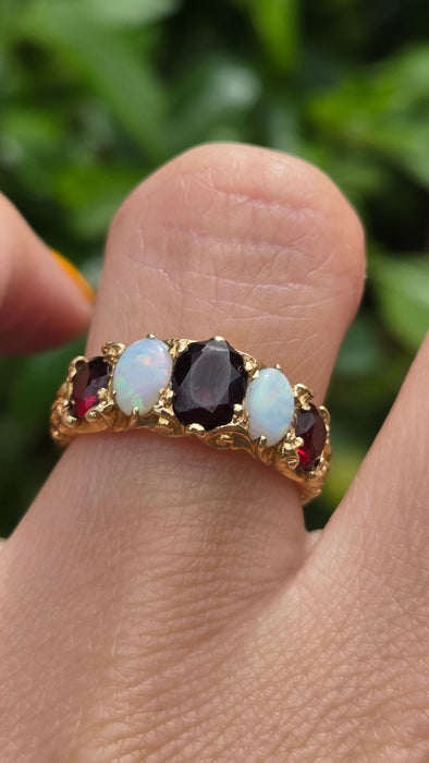 Vintage: 9ct Gold Opal & Garnet Five-Stone Dress Ring — From 1974