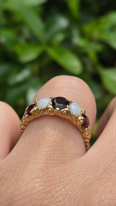 Vintage: 9ct Gold Opal & Garnet Five-Stone Dress Ring — From 1974
