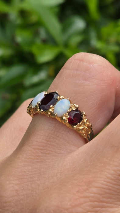 Vintage: 9ct Gold Opal & Garnet Five-Stone Dress Ring — From 1974
