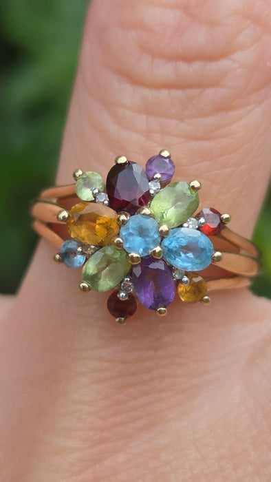 Vintage: 9ct Gold Multigem & Diamond Spray Cluster Cocktail Ring