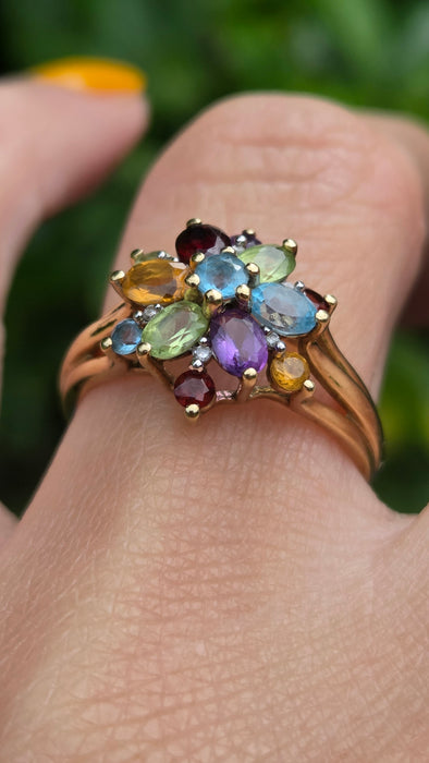 Vintage: 9ct Gold Multigem & Diamond Spray Cluster Cocktail Ring