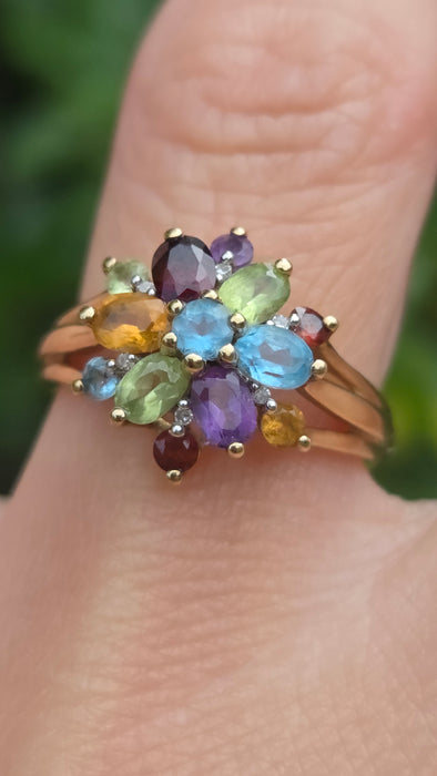 Vintage: 9ct Gold Multigem & Diamond Spray Cluster Cocktail Ring