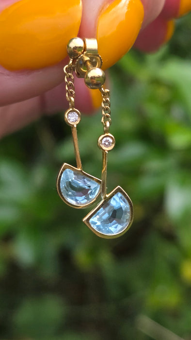 Vintage: 18ct Gold Azure Blue Topaz & Diamond Stud Drop Earrings