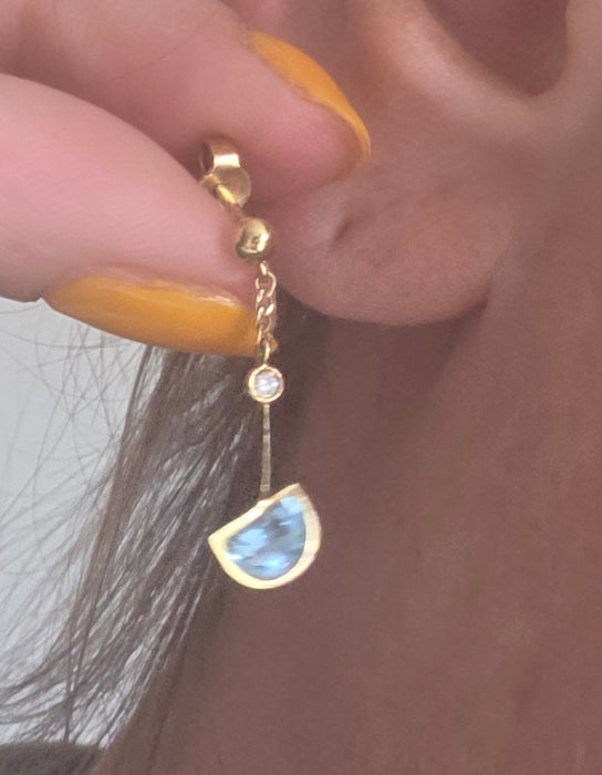 Vintage: 18ct Gold Azure Blue Topaz & Diamond Stud Drop Earrings