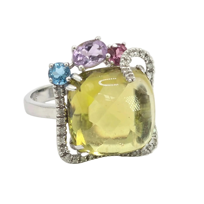 Vintage: 9ct White Gold Lemon Quartz, Topaz, Amethyst, Garnet & Diamond Multigem Cocktail Ring
