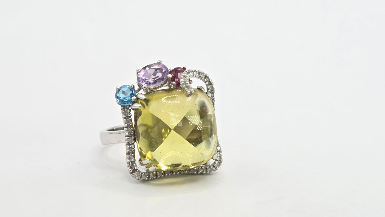 Vintage: 9ct White Gold Lemon Quartz, Topaz, Amethyst, Garnet & Diamond Multigem Cocktail Ring
