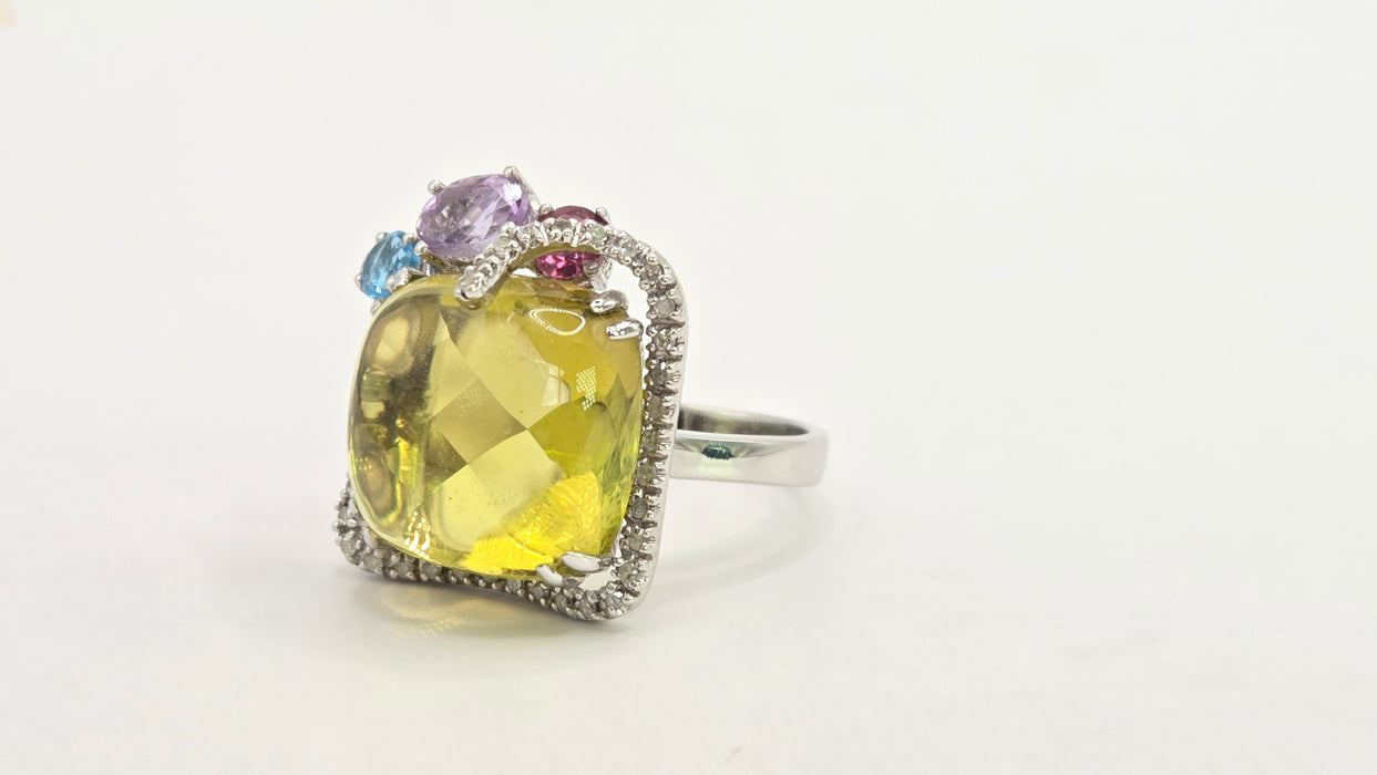 Vintage: 9ct White Gold Lemon Quartz, Topaz, Amethyst, Garnet & Diamond Multigem Cocktail Ring