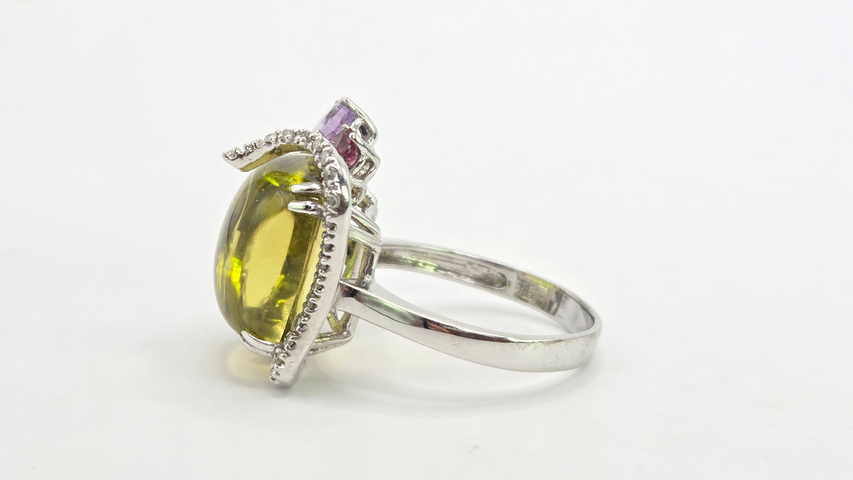 Vintage: 9ct White Gold Lemon Quartz, Topaz, Amethyst, Garnet & Diamond Multigem Cocktail Ring