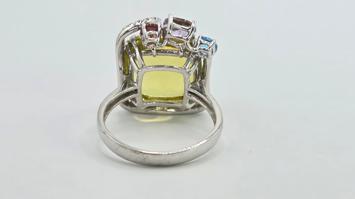 Vintage: 9ct White Gold Lemon Quartz, Topaz, Amethyst, Garnet & Diamond Multigem Cocktail Ring