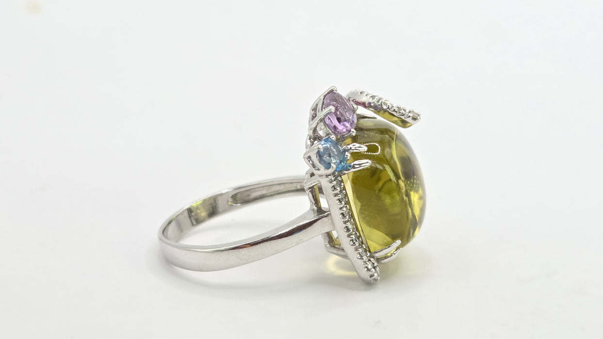 Vintage: 9ct White Gold Lemon Quartz, Topaz, Amethyst, Garnet & Diamond Multigem Cocktail Ring