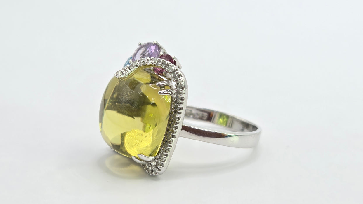 Vintage: 9ct White Gold Lemon Quartz, Topaz, Amethyst, Garnet & Diamond Multigem Cocktail Ring