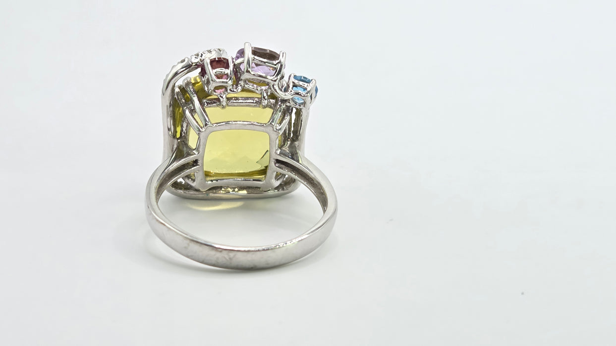 Vintage: 9ct White Gold Lemon Quartz, Topaz, Amethyst, Garnet & Diamond Multigem Cocktail Ring