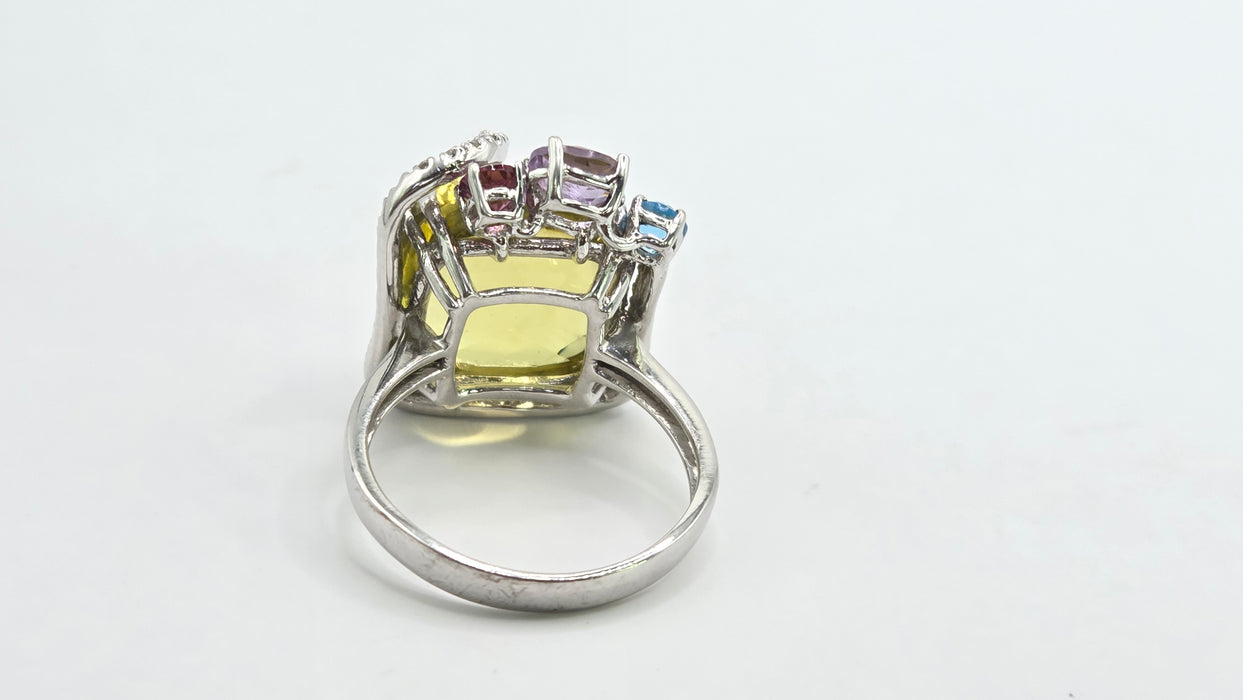 Vintage: 9ct White Gold Lemon Quartz, Topaz, Amethyst, Garnet & Diamond Multigem Cocktail Ring