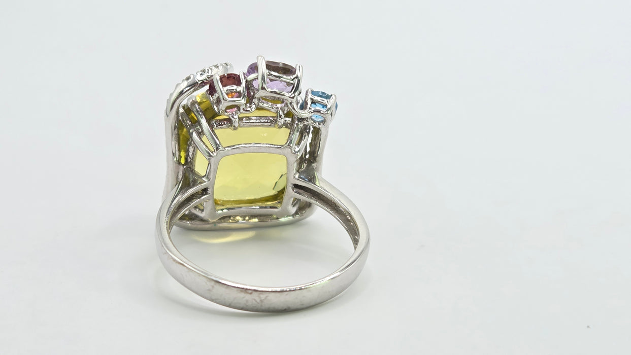 Vintage: 9ct White Gold Lemon Quartz, Topaz, Amethyst, Garnet & Diamond Multigem Cocktail Ring