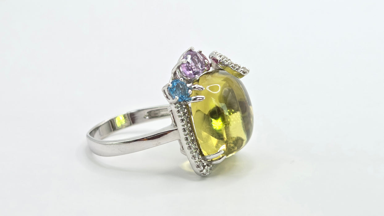 Vintage: 9ct White Gold Lemon Quartz, Topaz, Amethyst, Garnet & Diamond Multigem Cocktail Ring