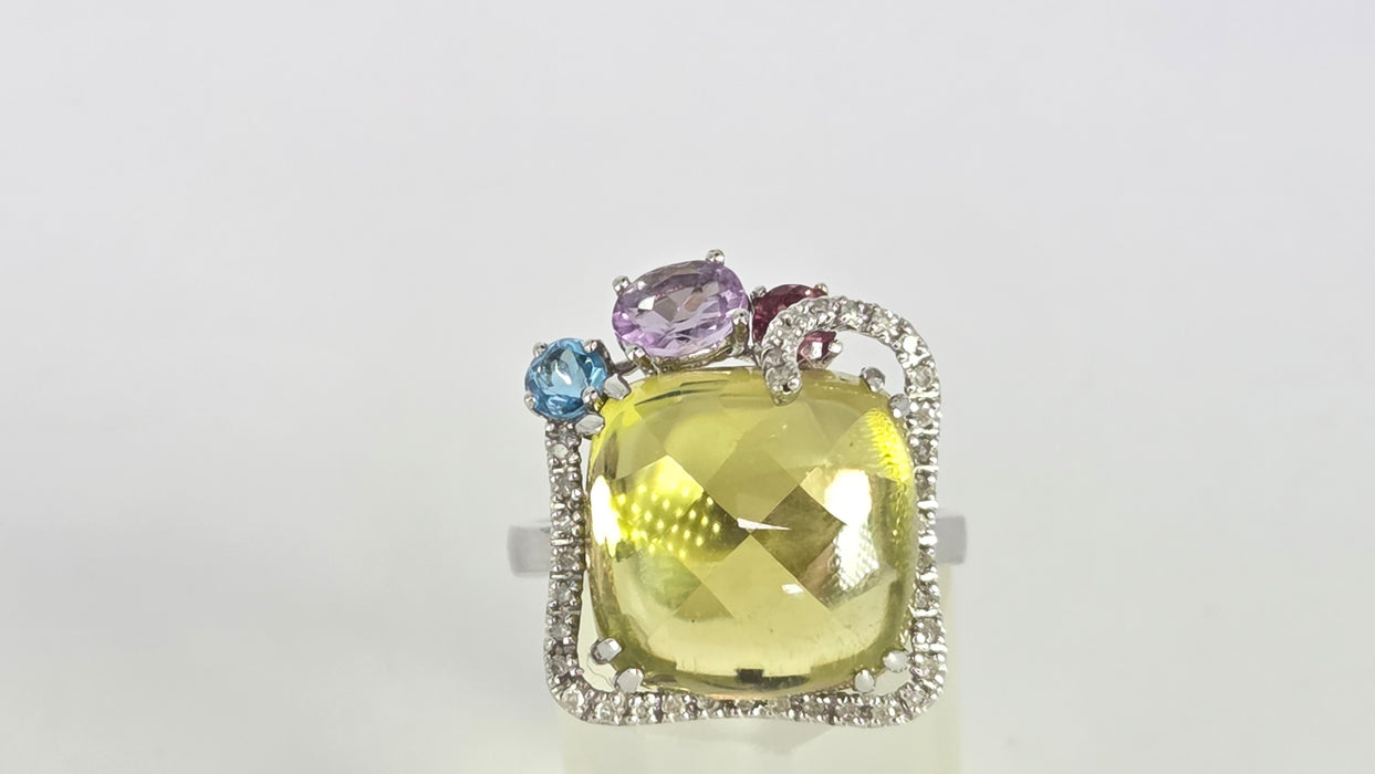Vintage: 9ct White Gold Lemon Quartz, Topaz, Amethyst, Garnet & Diamond Multigem Cocktail Ring