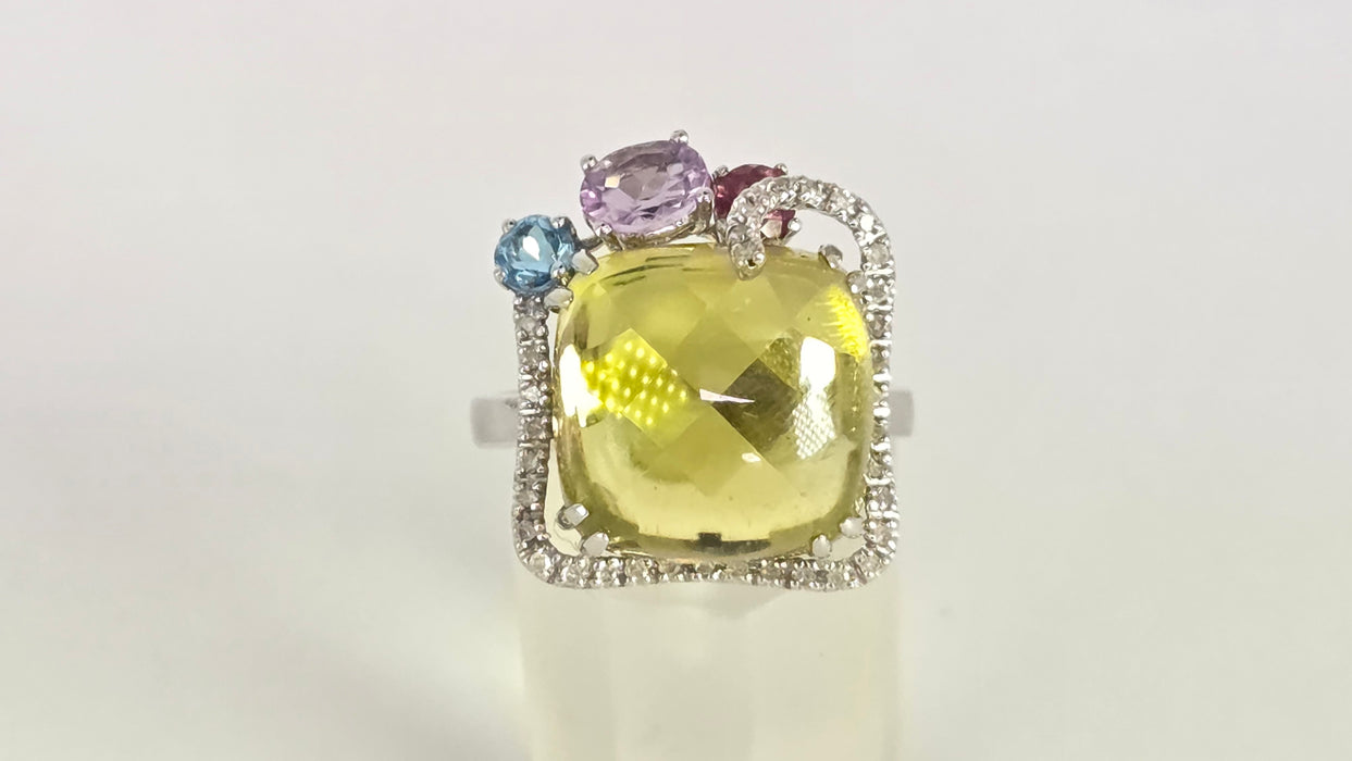 Vintage: 9ct White Gold Lemon Quartz, Topaz, Amethyst, Garnet & Diamond Multigem Cocktail Ring