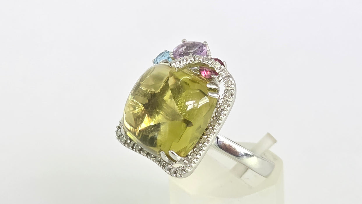 Vintage: 9ct White Gold Lemon Quartz, Topaz, Amethyst, Garnet & Diamond Multigem Cocktail Ring