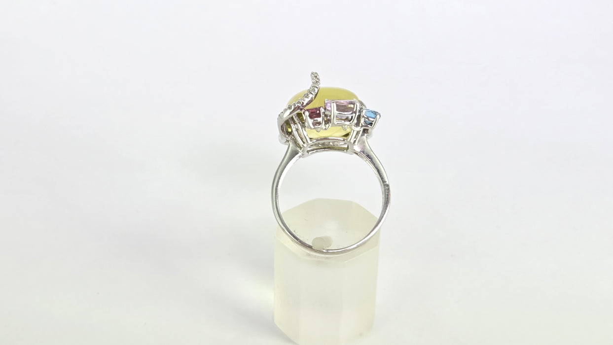 Vintage: 9ct White Gold Lemon Quartz, Topaz, Amethyst, Garnet & Diamond Multigem Cocktail Ring