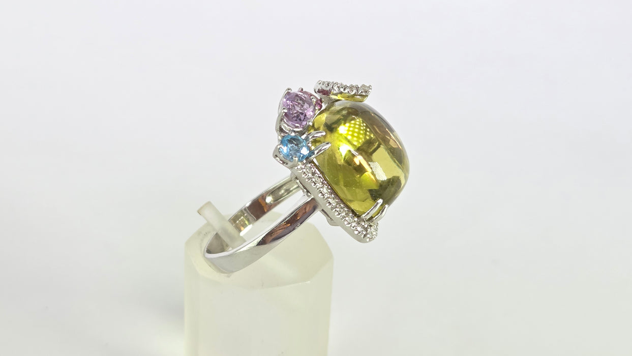 Vintage: 9ct White Gold Lemon Quartz, Topaz, Amethyst, Garnet & Diamond Multigem Cocktail Ring