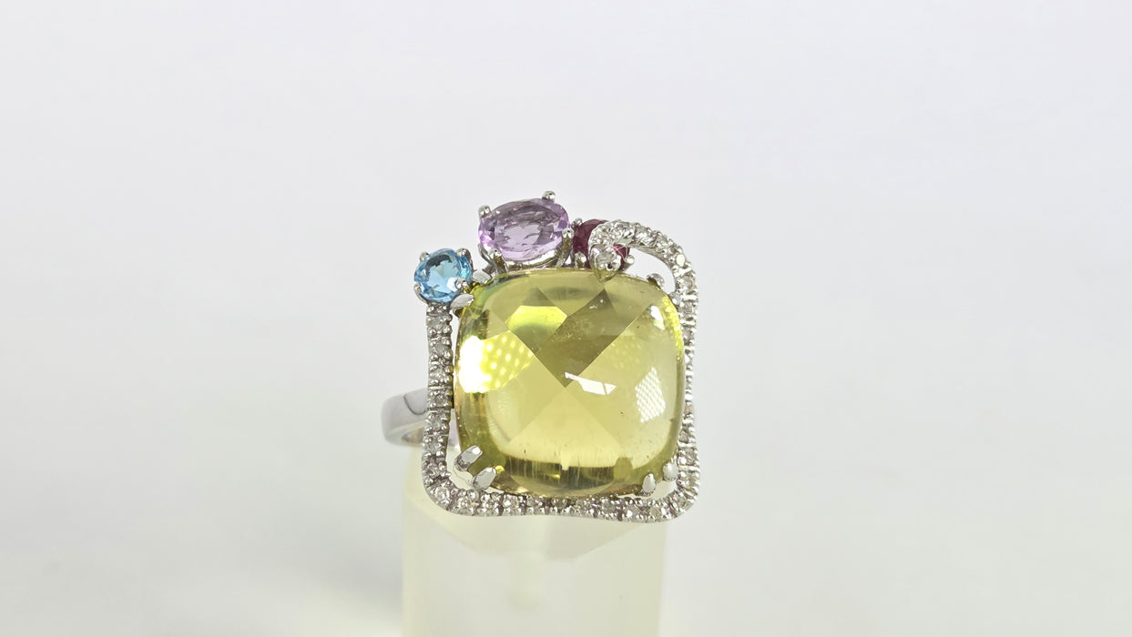 Vintage: 9ct White Gold Lemon Quartz, Topaz, Amethyst, Garnet & Diamond Multigem Cocktail Ring