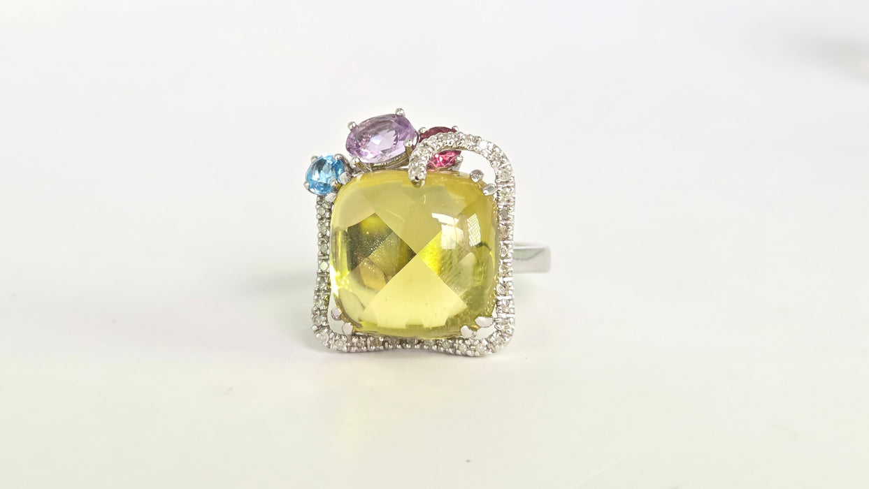 Vintage: 9ct White Gold Lemon Quartz, Topaz, Amethyst, Garnet & Diamond Multigem Cocktail Ring