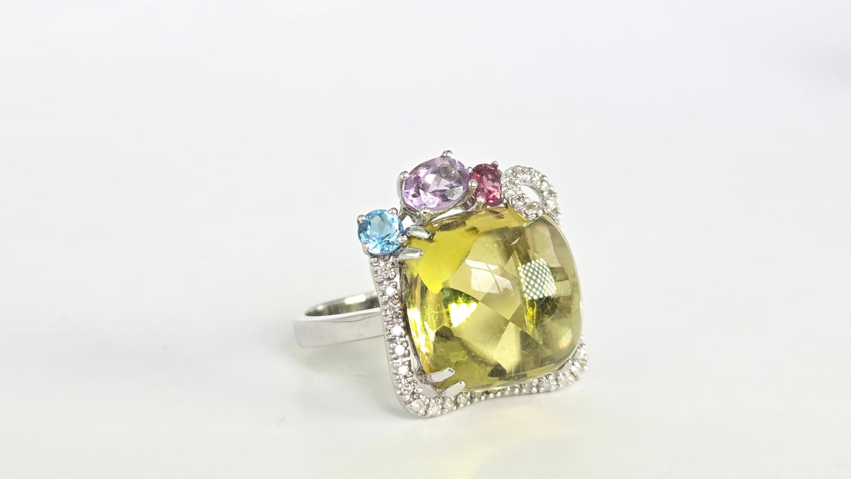 Vintage: 9ct White Gold Lemon Quartz, Topaz, Amethyst, Garnet & Diamond Multigem Cocktail Ring