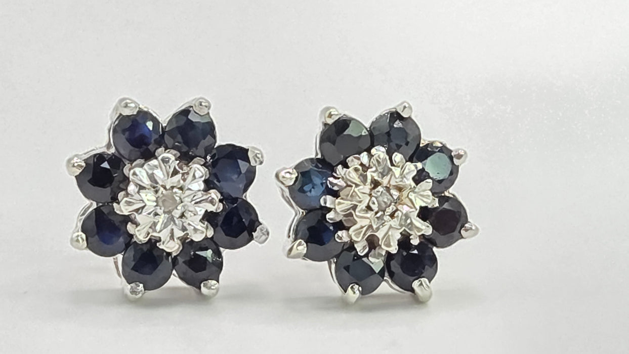 Vintage: 9ct White Gold Sapphire & Diamond Floral Cluster Stud Earrings — From 1979