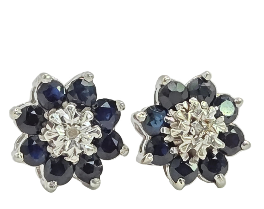 Vintage: 9ct White Gold Sapphire & Diamond Floral Cluster Stud Earrings — From 1979