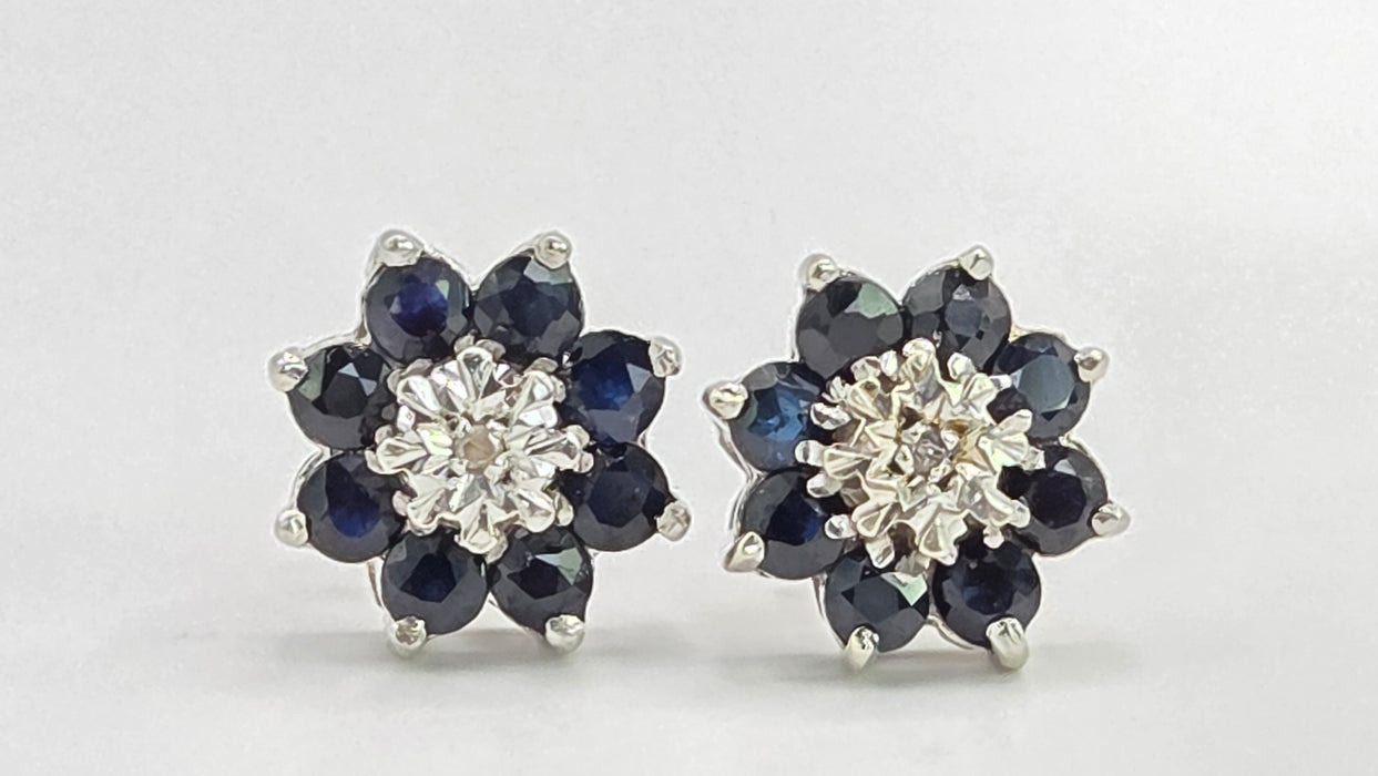 Vintage: 9ct White Gold Sapphire & Diamond Floral Cluster Stud Earrings — From 1979
