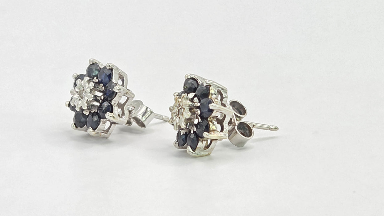 Vintage: 9ct White Gold Sapphire & Diamond Floral Cluster Stud Earrings — From 1979