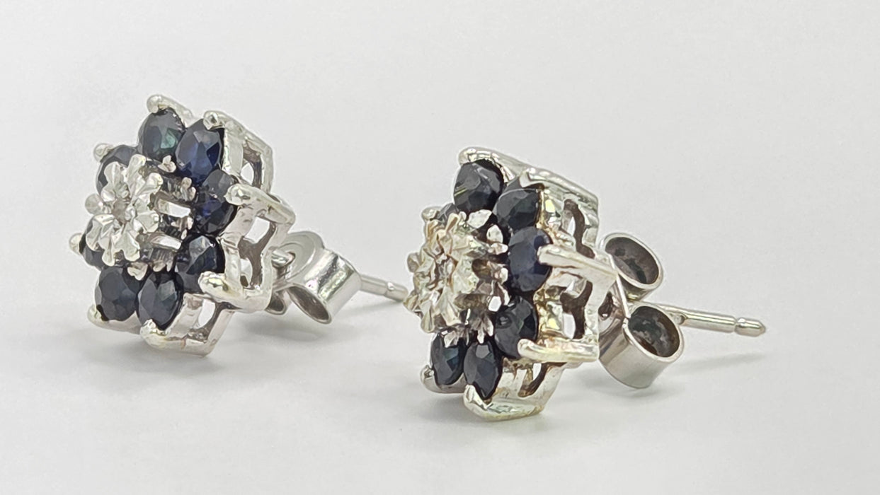 Vintage: 9ct White Gold Sapphire & Diamond Floral Cluster Stud Earrings — From 1979