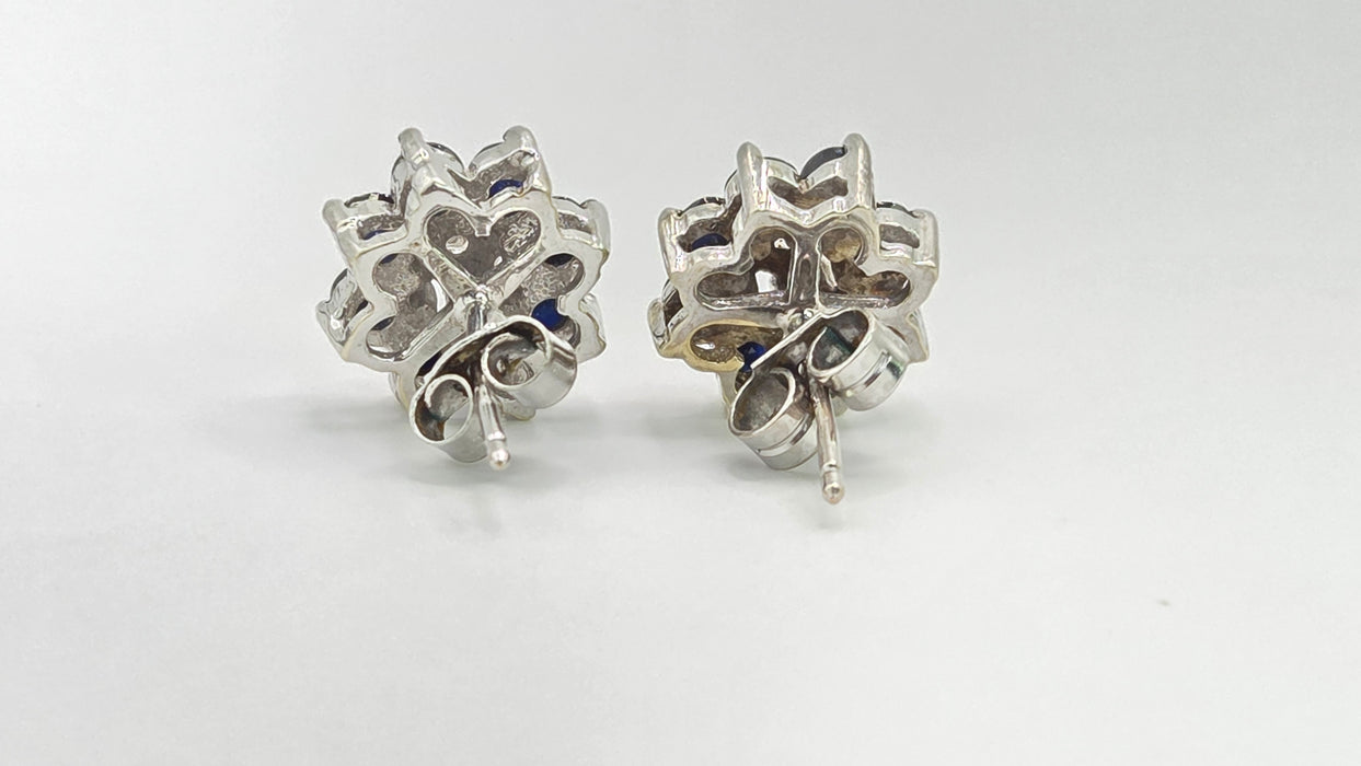 Vintage: 9ct White Gold Sapphire & Diamond Floral Cluster Stud Earrings — From 1979