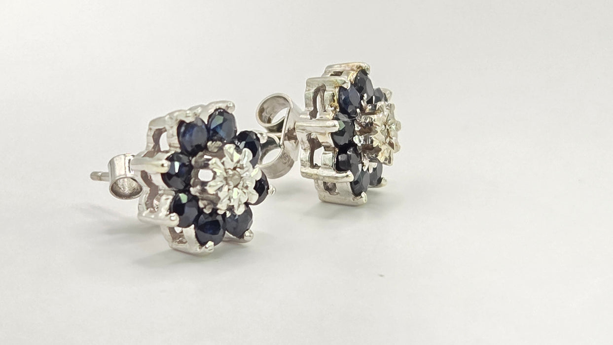 Vintage: 9ct White Gold Sapphire & Diamond Floral Cluster Stud Earrings — From 1979