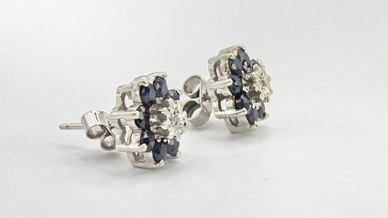 Vintage: 9ct White Gold Sapphire & Diamond Floral Cluster Stud Earrings — From 1979