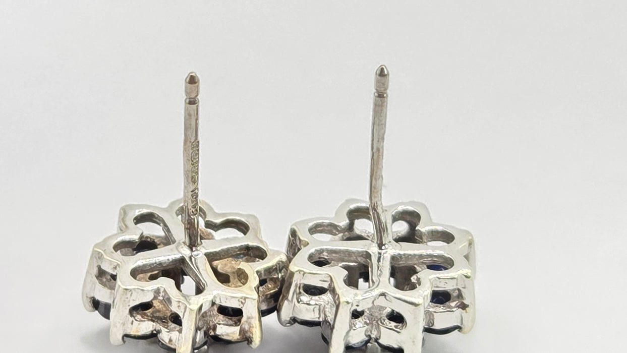 Vintage: 9ct White Gold Sapphire & Diamond Floral Cluster Stud Earrings — From 1979