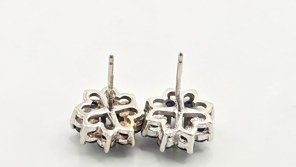 Vintage: 9ct White Gold Sapphire & Diamond Floral Cluster Stud Earrings — From 1979