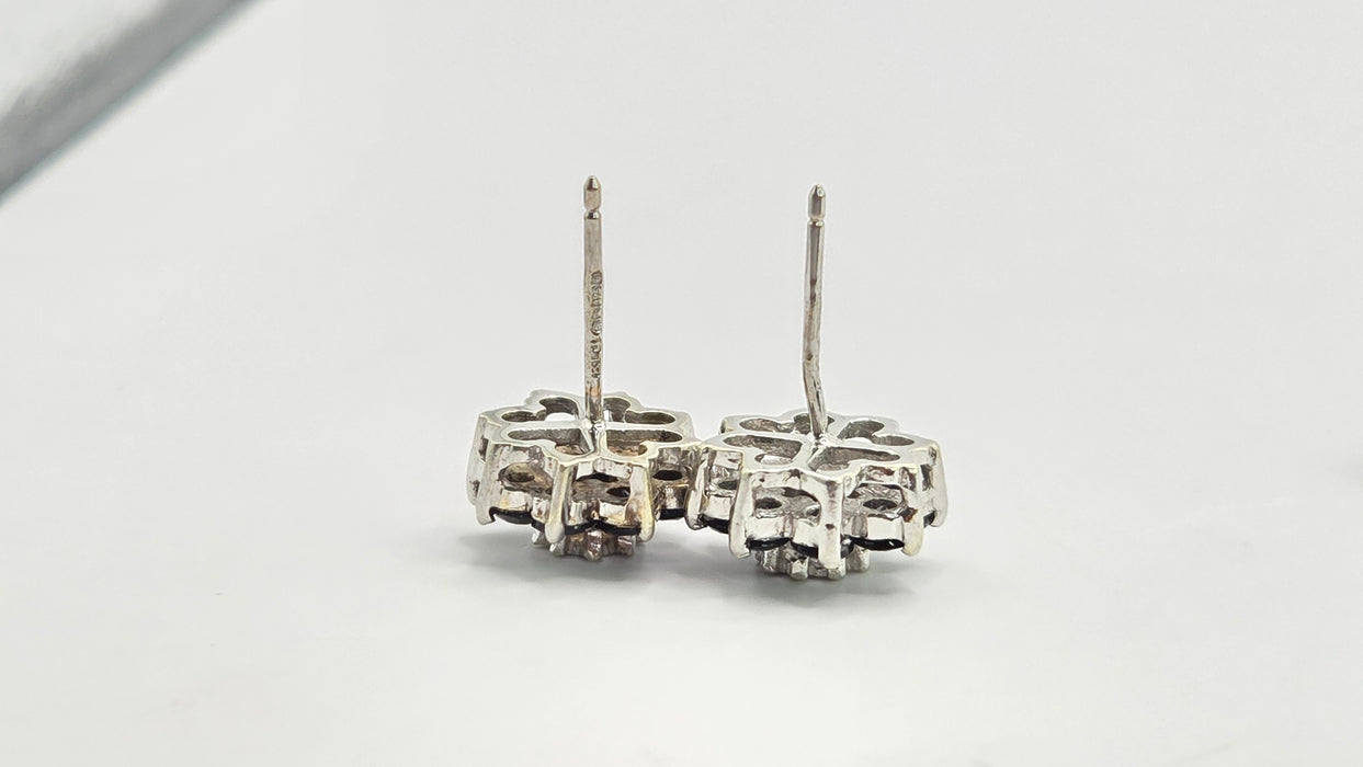 Vintage: 9ct White Gold Sapphire & Diamond Floral Cluster Stud Earrings — From 1979