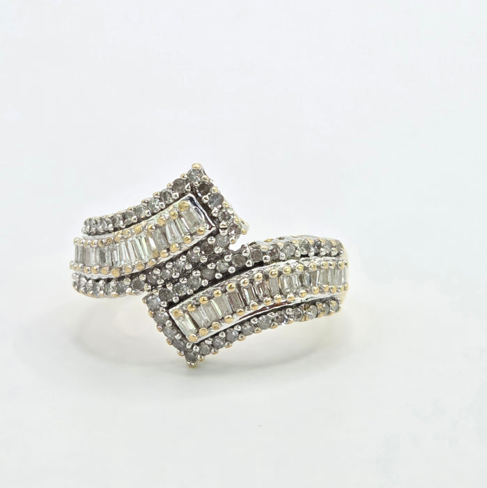 Vintage: 9ct Yellow Gold Multi-Diamond Crossover Dress Ring