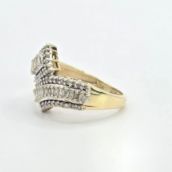 Vintage: 9ct Yellow Gold Multi-Diamond Crossover Dress Ring